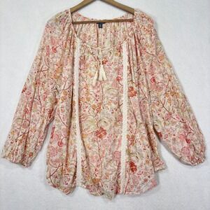Chaps Peasant Blouse Womens 3X Floral Boho Lace Trim Tassel Cottagecore Top